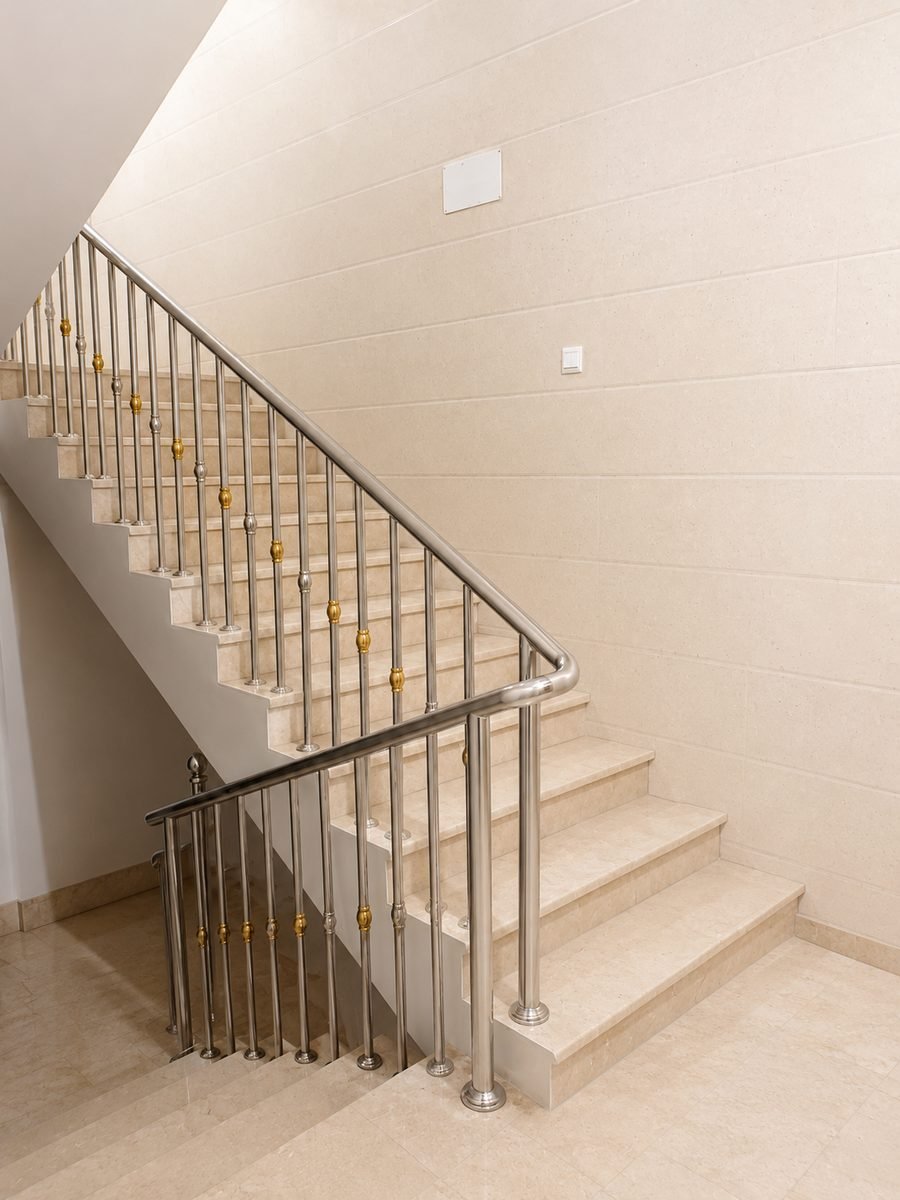 Brushed stainless steel staircase railing on marble steps